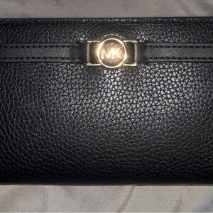 Michael Kors Black Pebbled Leather Continental Wallet with Gold MK Accent
